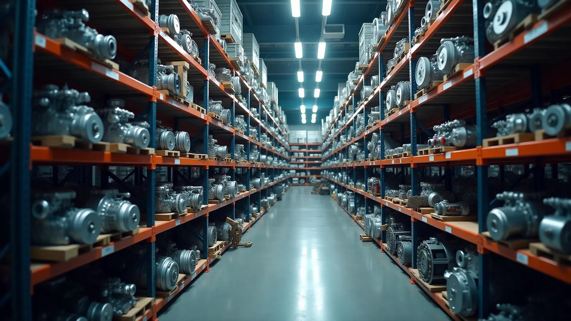 Aisles of imported engines in the LM Diversity Engines warehouse